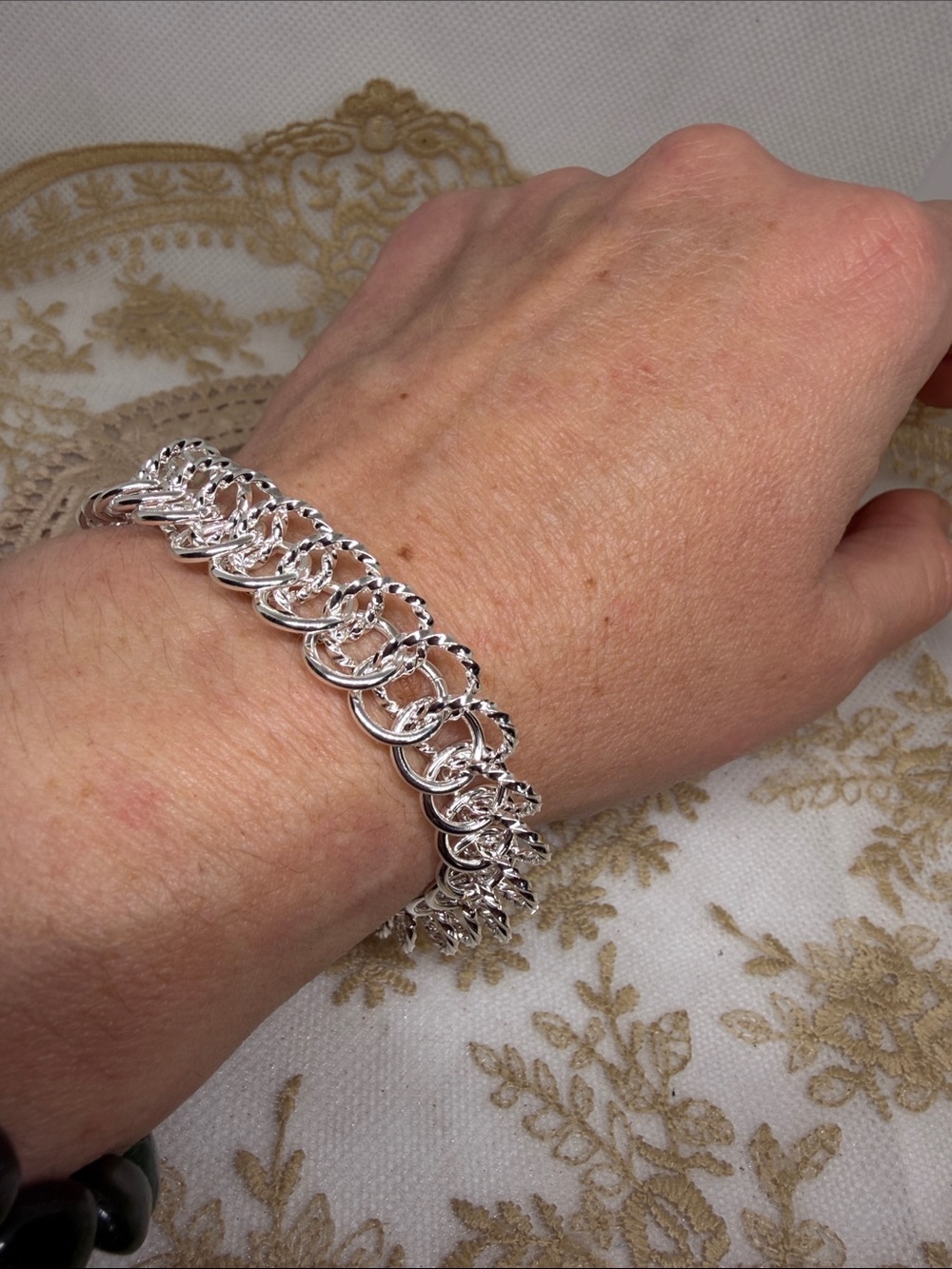 925 Sterling Silver Mixed Link Byzantine Chainmail Toggle Bracelet 6.75”